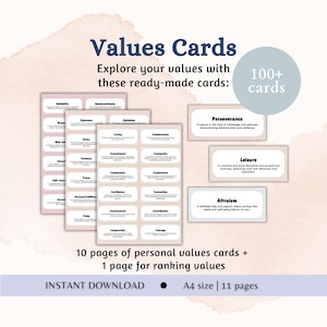 Core Values and Beliefs Worksheets Ranking Core Values Cards Sorting Exercise Values Exploration Identify Core Values List Acceptance