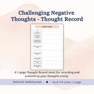 CBT Printable Worksheet Thought Record Thought Log Thought Tracker Thought Diary CBT Coping Skills Tools Anxiety Coping Tools Counselling