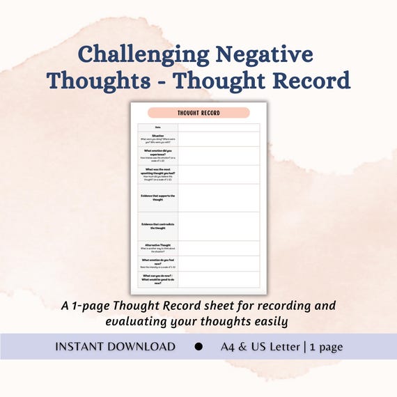 CBT Printable Worksheet Thought Record Thought Log Thought Tracker Thought Diary CBT Coping Skills Tools Anxiety Coping Tools Counselling