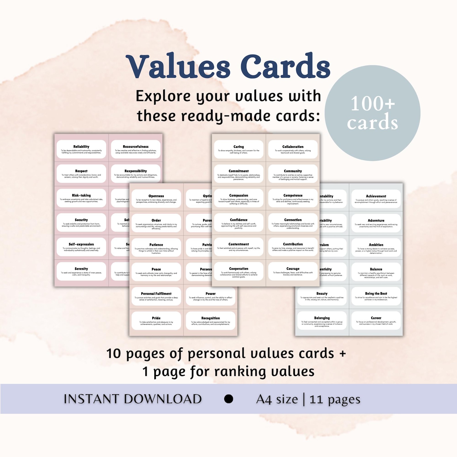Values Cards Customised Personal Values Card Exercise for Values Exploration Cards Printable ...
