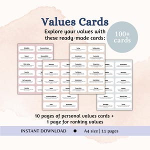 Personal Values Card Exercise for Values Exploration Cards Printable Core Values Identification Values ACT Therapy Tool Self Awareness