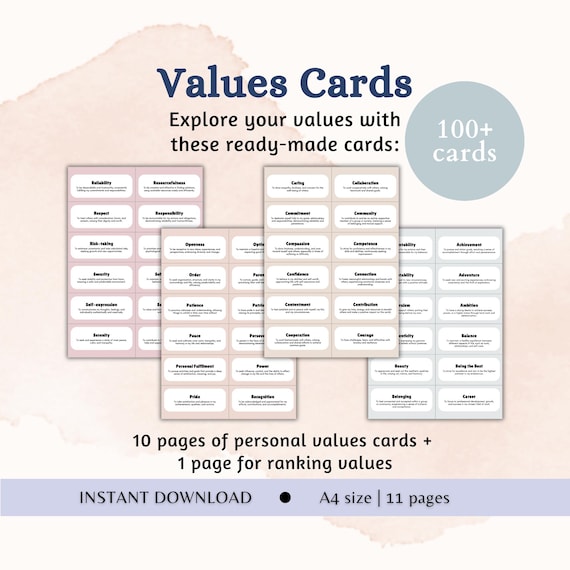 Personal Values Card Exercise for Values Exploration Cards Printable Core Values Identification Values ACT Therapy Tool Self Awareness