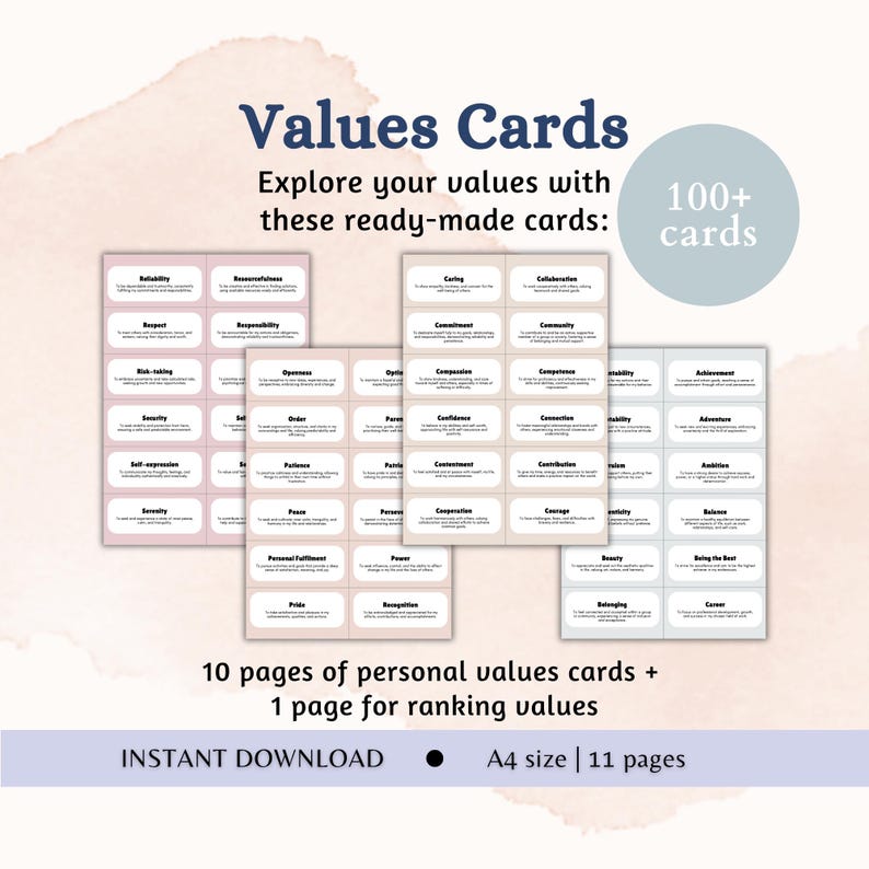 May include: A set of Values Cards featuring 100+ cards across 10 pages, plus 1 page for ranking values. The cards are organized in grids with text labels and descriptions. The document is an instant download in A4 size, totaling 11 pages.