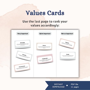 May include: Values Cards printable set with the text Values Cards and Use the last page to rank your values accordingly. The layout features three columns labeled Very important, Quite important, and Not so important with cards for Belonging, Altruism, Perseverance, Leisure, Forgiveness, Equality, and Career.