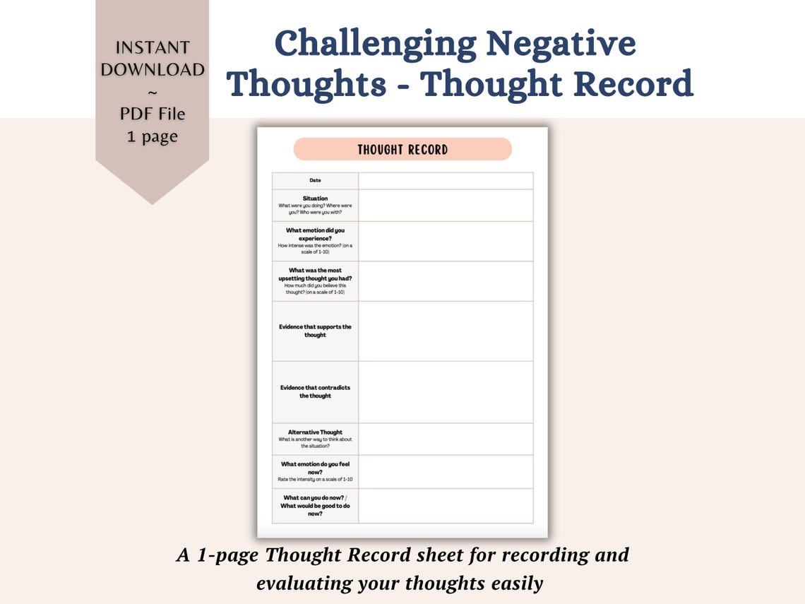 CBT Printable Worksheet Thought Record Thought Log Thought Tracker