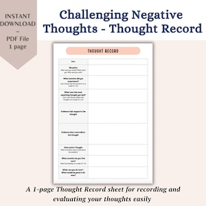 CBT Printable Worksheet Thought Record Thought Log Thought Tracker