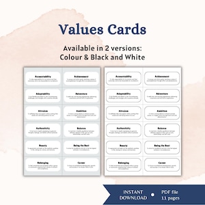 May include: Values Cards available in 2 versions: Colour & Black and White. The image displays two sets of rectangular cards, each featuring a list of values like Accountability, Achievement, and Adaptability with definitions. Includes Instant Download PDF file 11 pages.