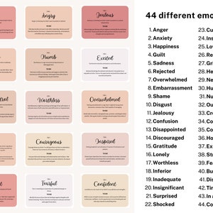 May include: A set of 44 cards, each with a different emotion word printed on it in black text. The cards are arranged in a grid of four rows and eleven columns. The cards are pink, peach, and light orange. The text "44 different emotions" is printed in black at the top of the image.