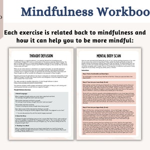 Pu&ograve; includere: Un quaderno di lavoro sulla mindfulness stampabile con due pagine mostrate. La pagina sinistra &egrave; intitolata "Thought Defusion" e la pagina destra &egrave; intitolata "Mental Body Scan". Entrambe le pagine contengono testo e istruzioni su come praticare la mindfulness.