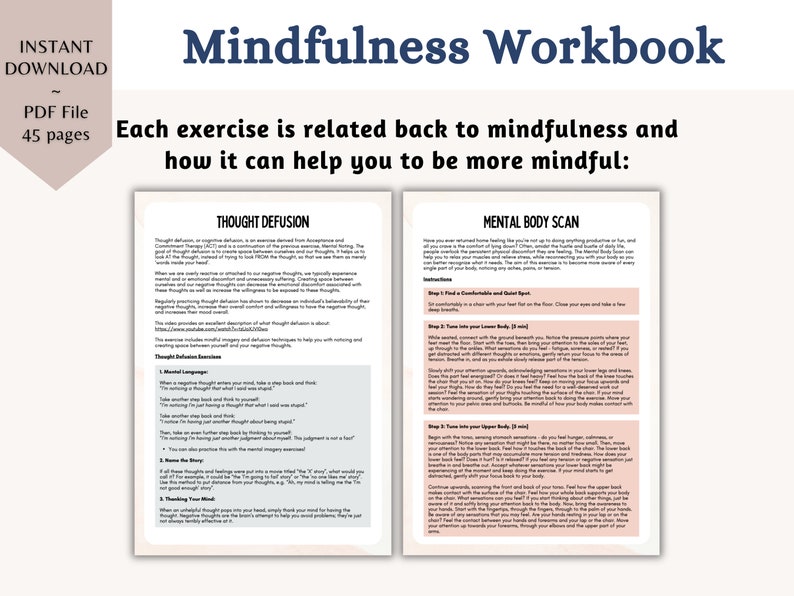 Pu&ograve; includere: Un quaderno di lavoro sulla mindfulness stampabile con due pagine mostrate. La pagina sinistra &egrave; intitolata "Thought Defusion" e la pagina destra &egrave; intitolata "Mental Body Scan". Entrambe le pagine contengono testo e istruzioni su come praticare la mindfulness.