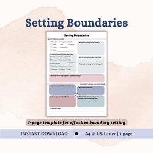 Puede incluir: Una hoja de trabajo imprimible titulada "Setting Boundaries" con secciones para identificar límites, reflexiones y una declaración de límites. La plantilla incluye indicaciones para la autorreflexión y el establecimiento de objetivos. El texto "DESCARGA INSTANTÁNEA" y "A4 | 1 página" también son visibles.
