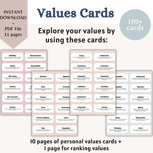 Exercício de cartão de valores pessoais para cartões de exploração de valores para impressão Identificação de valores essenciais Valores ACT Ferramenta de terapia Autoconsciência