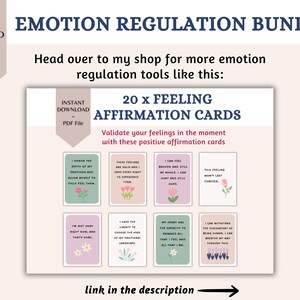 May include: A printable PDF download of 20 affirmation cards with floral illustrations. The cards are designed to help validate feelings and offer positive affirmations. The text on the cards includes phrases like "I honor the depth of my emotions" and "This feeling won't last forever".