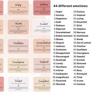 May include: A collection of 44 emotion cards, each with a different feeling such as "Angry," "Jealous," and "Excited." The cards are in a soft color palette with text describing each emotion. The image is designed for self-reflection and emotional awareness.