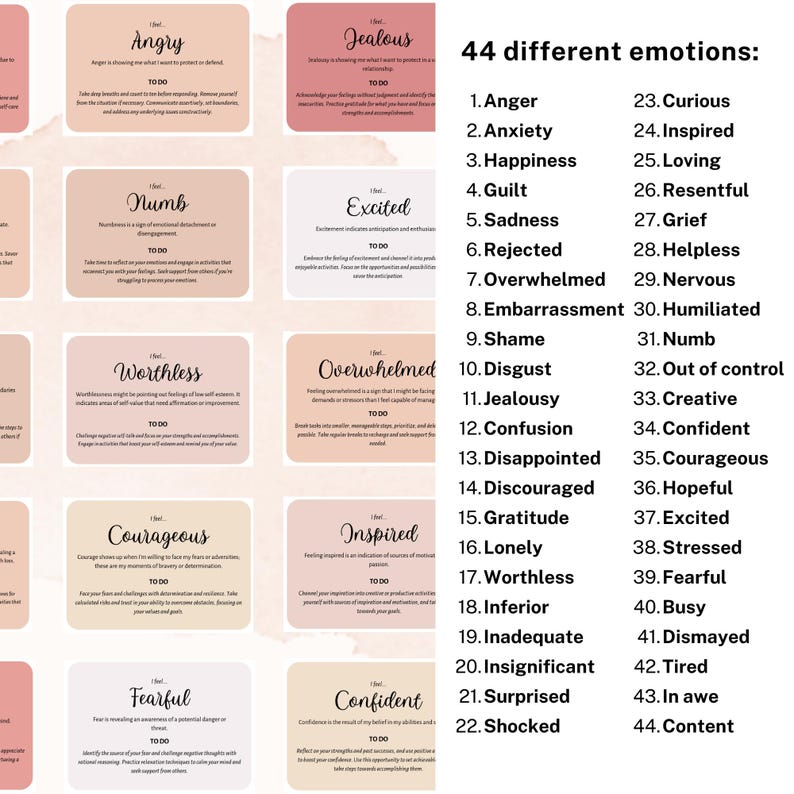 May include: A collection of 44 emotion cards, each with a different feeling such as "Angry," "Jealous," and "Excited." The cards are in a soft color palette with text describing each emotion. The image is designed for self-reflection and emotional awareness.