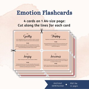 May include: Emotion flashcards with four cards per A4-size page. The cards feature the words "Guilty," "Happy," "Angry," and "Anxious," each with a description and "To Do" actions. The design is in shades of pink and white.