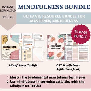May include: A digital download bundle for mindfulness practice. The bundle includes a 75-page workbook and a toolkit with illustrations of flowers and abstract shapes in pink, brown, and white.