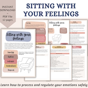 Può includere: Un foglio di lavoro stampabile intitolato "Sedere con i tuoi sentimenti" con uno schema di colori rosa, pesca e marrone. Il foglio di lavoro presenta una sedia con cuscini e il testo "Identificare, Esplorare, Convalidare, Comprendere, Rispondere".