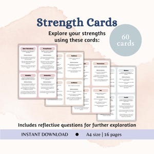 Może przedstawiać: Zestaw 60 kart siły z pytaniami do refleksji na stronach formatu A4. Karty są prezentowane w formacie cyfrowym do natychmiastowego pobrania, z tekstem obejmującym Open-Heartedness, Perceptiveness, Reliability, Authenticity, Resilience, Confidence, Perseverance, Grit, Wisdom i Loyalty.