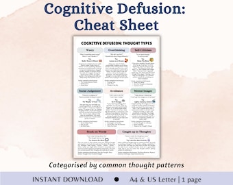 Cognitive Defusion Cheat Sheet Handout, ACT Therapy Resource, Cognitive Defusion Therapy Tools, Counsellor Toolkit, ACT Therapist Guide