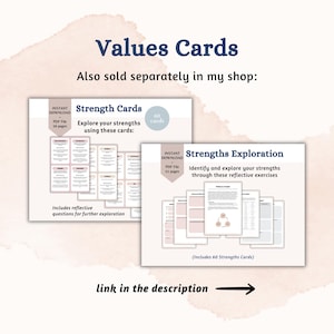 May include: Values Cards digital product display featuring Strength Cards and Strengths Exploration PDF files. The Strength Cards set includes 60 cards across 16 pages, while the Strengths Exploration set contains 11 pages of reflective exercises.