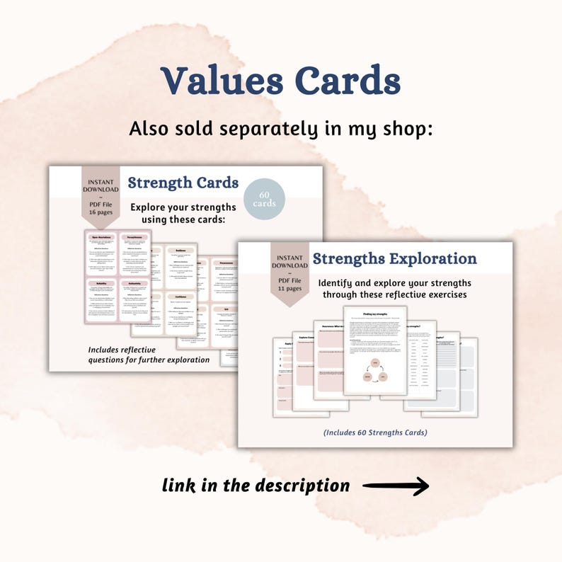 May include: Values Cards digital product display featuring Strength Cards and Strengths Exploration PDF files. The Strength Cards set includes 60 cards across 16 pages, while the Strengths Exploration set contains 11 pages of reflective exercises.
