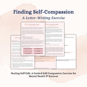 Hoja de trabajo de autocompasión, herramienta de terapia de procesamiento emocional para la autocompasión, indicaciones para el diario, diálogo interno sanador