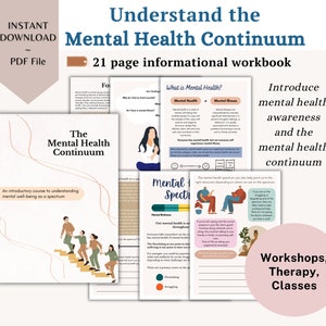 Puede incluir: Una descarga digital de un libro de trabajo de 21 páginas titulado "El continuo de la salud mental". El libro de trabajo es un curso introductorio para comprender el bienestar mental como un espectro. La portada presenta una ilustración colorida de personas subiendo una escalera.