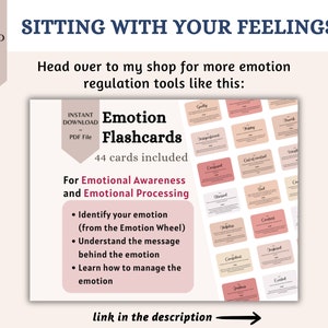 May include: A printable set of 44 emotion flashcards for emotional awareness and processing. The cards are pink and beige with white text. The text on the image reads "Emotion Flashcards" and "44 cards included".