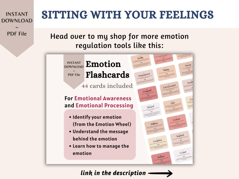 May include: A printable set of 44 emotion flashcards for emotional awareness and processing. The cards are pink and beige with white text. The text on the image reads "Emotion Flashcards" and "44 cards included".