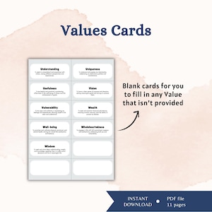 May include: A set of Values Cards featuring a grid of white rectangular cards with black text. Each card lists a value like Understanding, Uniqueness, Usefulness, Vision, Vulnerability, Wealth, Well-being, Wholeheartedness, and Wisdom with definitions.