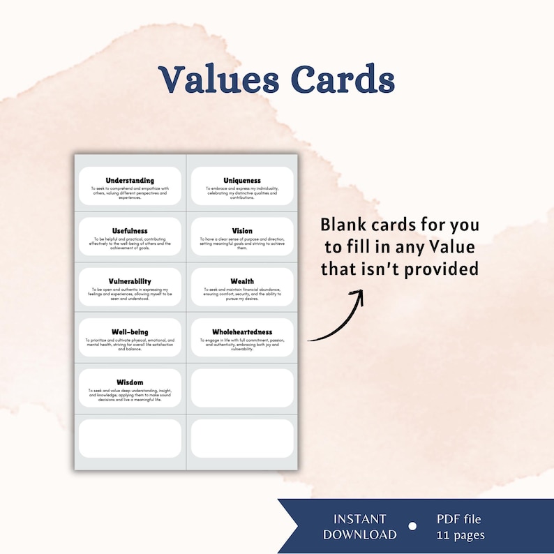 May include: A set of Values Cards featuring a grid of white rectangular cards with black text. Each card lists a value like Understanding, Uniqueness, Usefulness, Vision, Vulnerability, Wealth, Well-being, Wholeheartedness, and Wisdom with definitions.