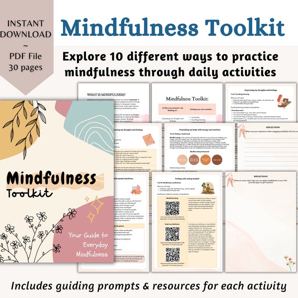Mindfulness Toolkit for Self Care Mindfulness Techniques Resource for Mindfulness Workshop Guided Mindfulness Journal Prompts for Anxiety