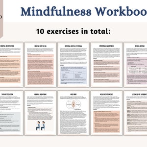 Pu&ograve; includere: Un quaderno di lavoro di mindfulness stampabile con 10 esercizi. Il quaderno &egrave; diviso in 10 sezioni, ognuna con un esercizio diverso. Gli esercizi includono l'osservazione consapevole, la scansione mentale del corpo, l'interno rispetto all'esterno, la consapevolezza emotiva, la registrazione mentale, la diffusione del pensiero, la relazione consapevole, la mente saggia, i giudizi negativi e il lasciar andare i giudizi.