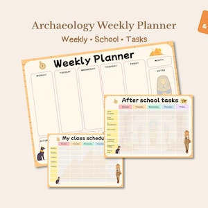 Puede incluir: Un conjunto de tres planificadores semanales de arqueología beige. Los planificadores presentan los textos "Weekly Planner", "After school tasks" y "My class schedule". Tienen un borde marrón claro e ilustraciones de artefactos egipcios. Una pequeña etiqueta naranja en la esquina superior derecha dice "English & Spanish".