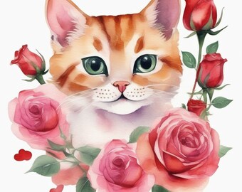Cute and Happy Ginger Kitten with Red and Pink Roses - Valentine's Elements