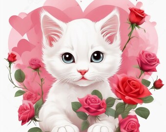 Cute White Kitten with Red and Pink Roses - Valentine's Elements