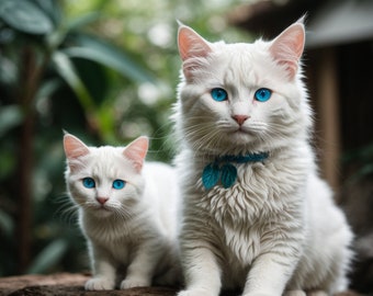Blue-Collared Elegance: Serenity in White - White Cat, Blue Eyes, Island Setting