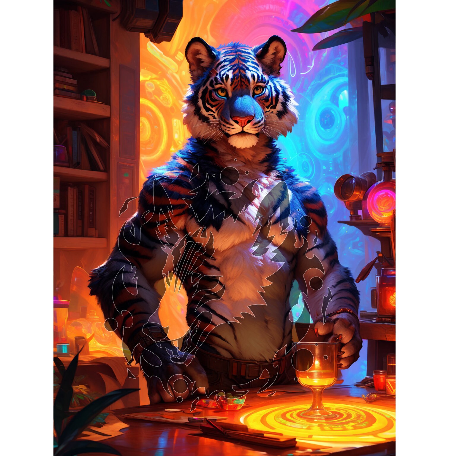 Anthro Tiger Guy Image - Digitale Download HD Image - Unieke originele concept art voor Neon Rave Kleurrijke harige kat Katachtige mannelijke harige