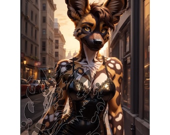 Anthro African Wild Dog  Image - Digital Download HD Image - Original Concept Art for Cute Furry Girl in a Pretty Dress