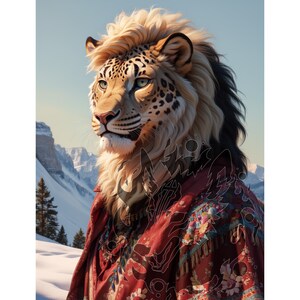May include: A snow leopard with a long, flowing mane of blonde and black fur, wearing a red, floral patterned jacket with gold accents. The leopard is standing in a snowy landscape.