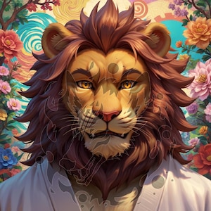 May include: A lion with a brown mane and a white beard, wearing a white karate uniform with a black belt. The lion is set against a colorful background of flowers and swirling patterns.