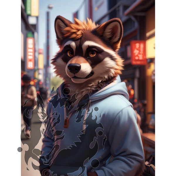 Anthro Raccoon Wearing a Hoodie  Image - Digital Download HD Image - Unique Concept Art, Furry Avatar Profile Pic