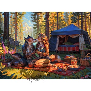 May include: Two furry anthropomorphic figures, one with brown fur and a flower crown, the other with gray fur, are kissing in a forest setting. They are sitting on a red and white checkered blanket near a blue tent and a basket of fruit.