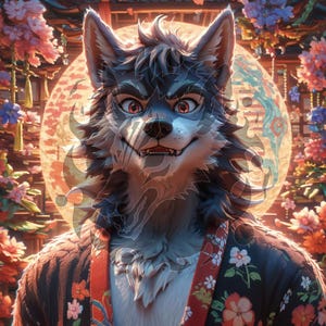 May include: Digital artwork of a wolf-like figure with grey fur, red eyes, and a smiling expression. The character is dressed in a black kimono with floral patterns and a red sash. The background includes a large, glowing orb and colourful flowers.