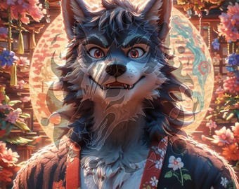 ANIMATED Red Eyed Wolf Fursona - Digital Download HD Image and Video - Unique Concept Art, Fantasy Furry Profile Pic Avatar RP Character