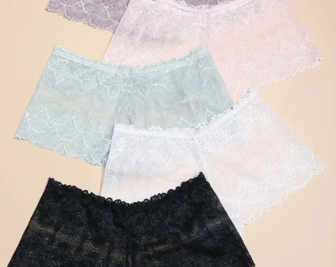 Featured listing image: 5pcs Floral Lace Mesh Panties, Romantic Semi-sheer Boyshort Panties