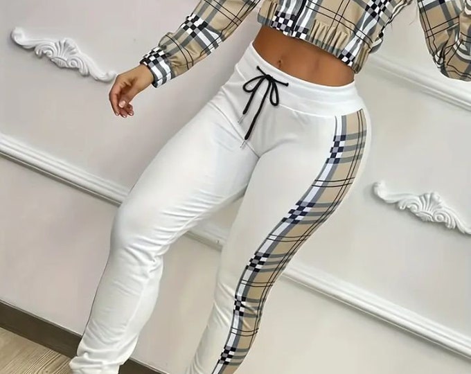 Featured listing image: Plaid Two Piece Set Zip Front Long Sleeve Crop Jacket & Drawstring Pants