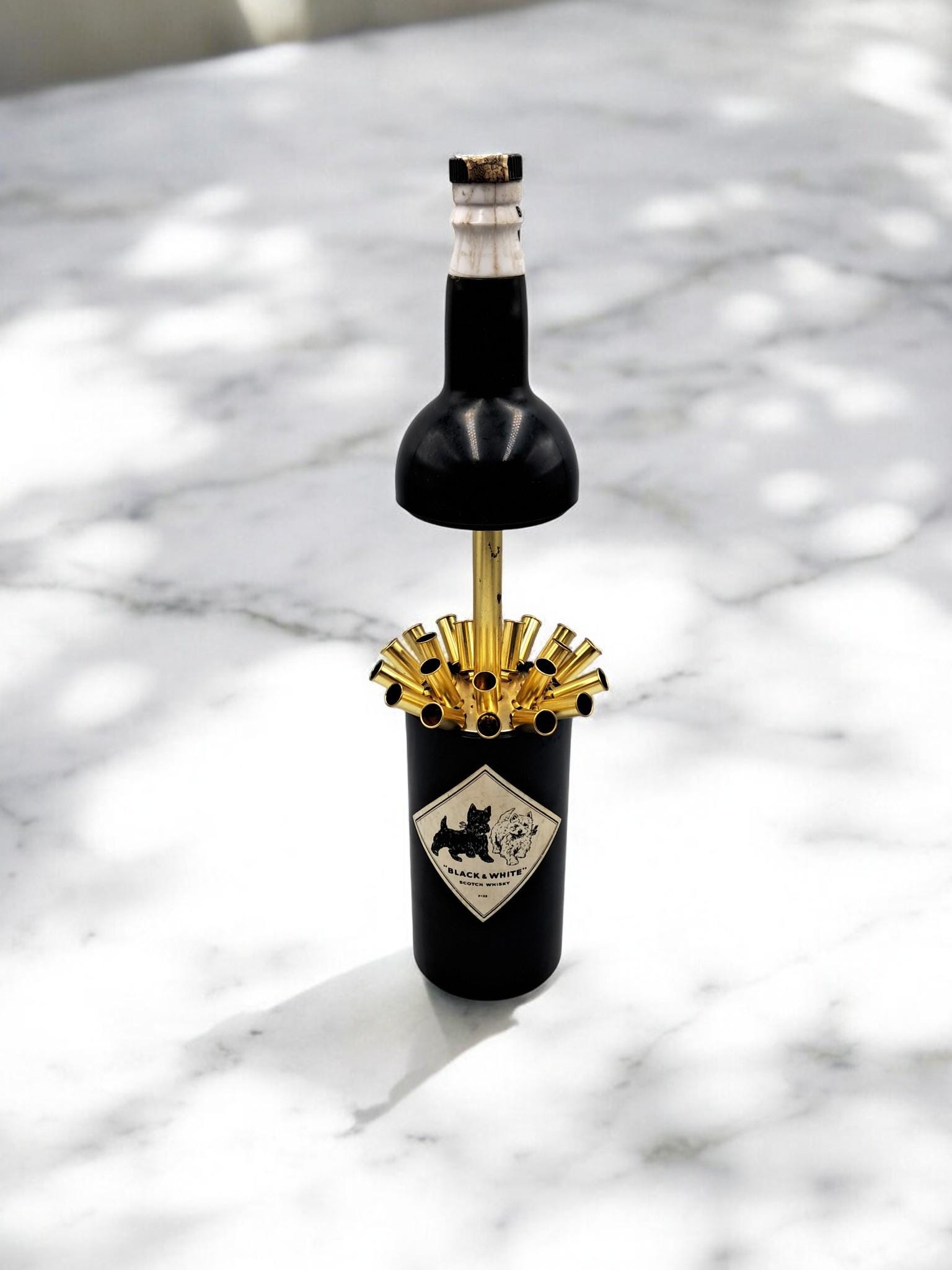 bottle shaped cigarette dispenser Vintage Musical Cigarette Dispenser, Whiskey Bottle Shaped, Black & White,  Made in France, 1960