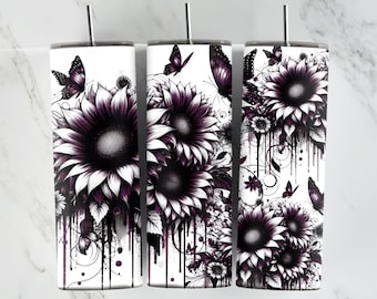 Black & White Dripping Flowers with Butterflies, 20oz Tumbler Wrap, Digital Download, Sublimation Prints, Fun Tumbler Wrap Design, PNG Wrap